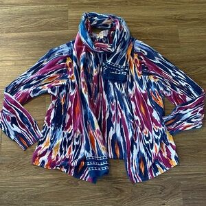Chico’s size 2 (L) ikat colorful open front cardigan with matching scarf. Boho